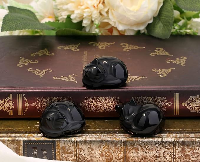 LAIDANLA Black Obsidian Sleeping Cat Statue Healing Crystals Hand Carved Cute Kitten Figurine Sculpture 1.6" Glossy Gemstone Decor Polished Stone Reiki Office Room Bedroom Desk Home Decoration Gifts
