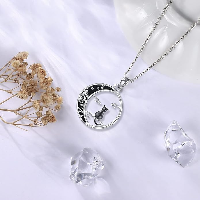 Odinstone Cat Necklace, S925 Sterling Silver Cat on Moon Pendant with Cubic Zirconia, Cat Jewelry Mothers Day Gifts for Mum with Gift Package - I Love You Forever
