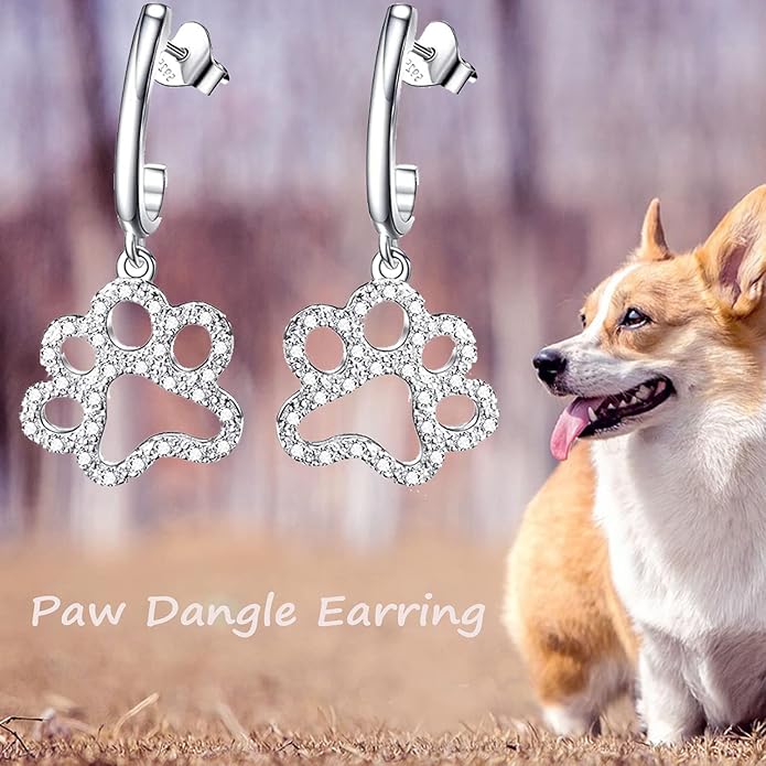 Paw Print Earrings Sterling Silver Leverback Dog Paw Earrings Puppy Paw Drop Dangle Earring for Women Girls