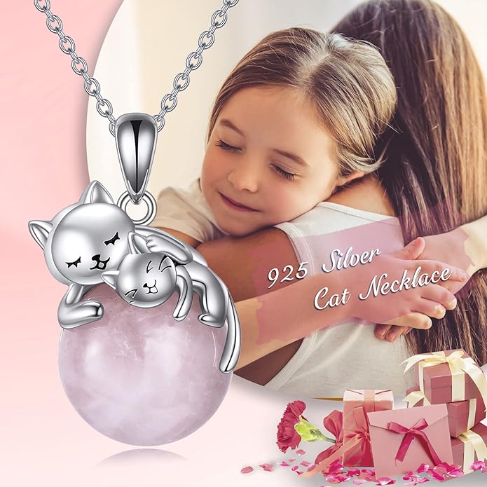 Cat Necklace Sterling Silver Cat Pendnat with Rose Quartz Pearl Jewelry Gifts for Women Cat Lovers