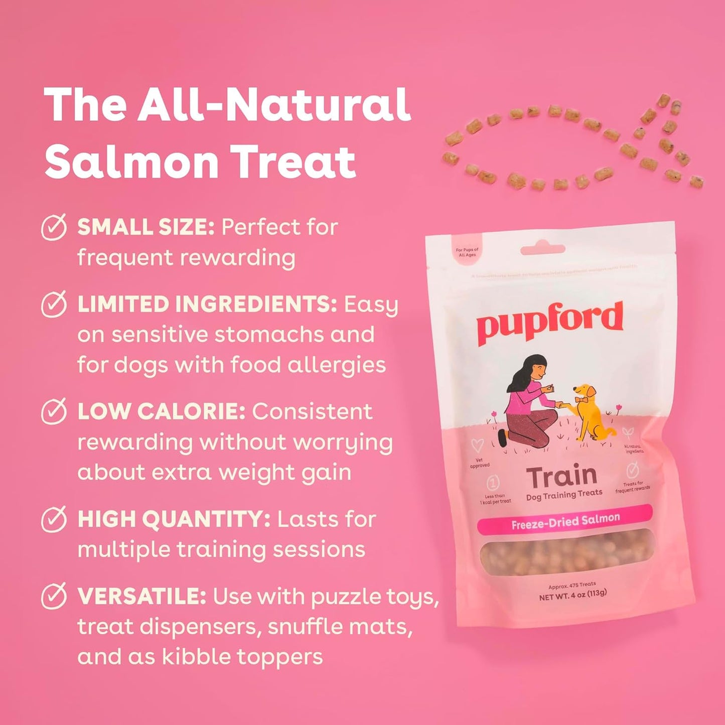 Pupford Freeze Dried Training Treats for Dogs & Puppies, 225+ Two Ingredient Bites (Salmon, 2 oz)