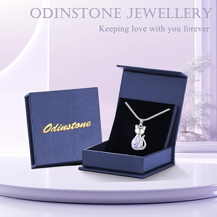 Odinstone Cat Birthstone Necklaces Jewelry Sterling Silver Cat Pendant Necklace Gift for Women Gifts, 18'' Silver Box Chain Women's Birthstone Crystal Cat Jewelry Gifts
