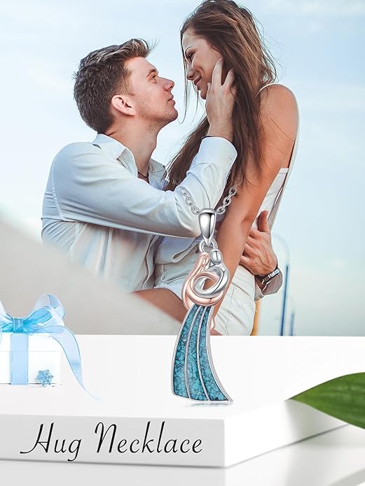 Couple Hug Necklace 925 Sterling Silver Cat/Fox Couples Hugging Turquoise Necklace Couples Jewelry as Valentine's Day Gift for Women