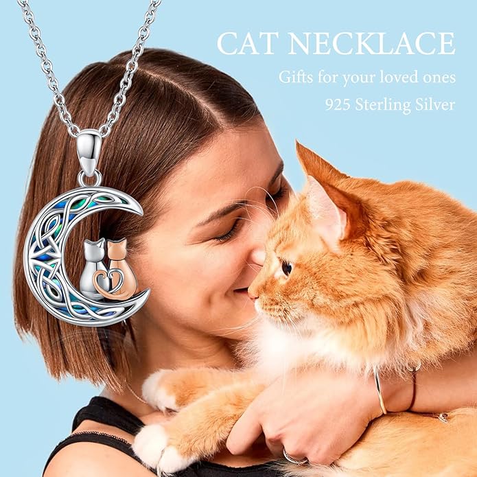Odinstone Cat Necklace, S925 Sterling Silver Cat on Moon Pendant with Cubic Zirconia, Cat Jewelry Mothers Day Gifts for Mum with Gift Package - I Love You Forever