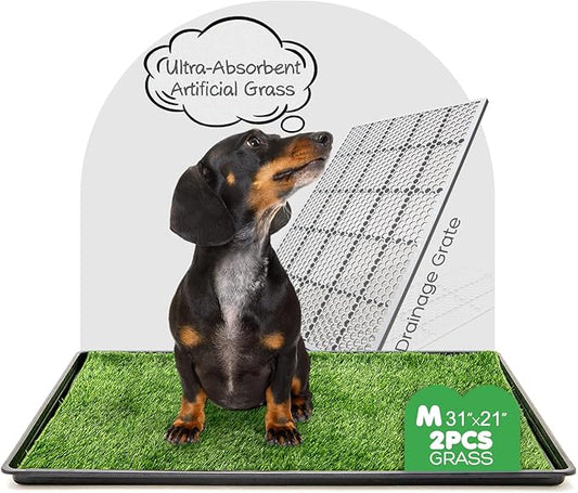 Dog Grass Pad with Tray, 31×21in Medium Litter Box, 2×Grass Pad for Dogs Potty Washable, Thick Soft Odor-Free Hemmed Dog Pee Grass, Indoor Potty Training Balcony