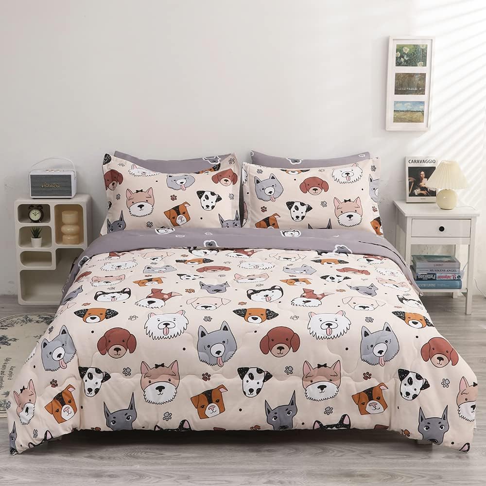 Kids Comforter Set 7 Piece Bedding Cute Dog Cartoon Animal Bed Microfiber Comforter Full Size All Season (1 Comforter, 1 Flat Sheet, 1 Fitted Sheet, 4 Pillowcase)