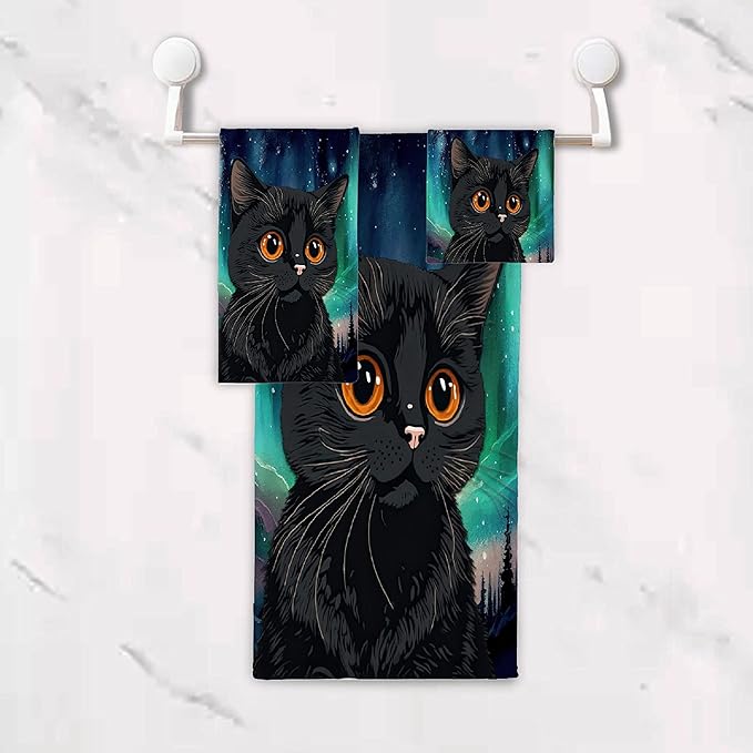 Gaming 3 Piece Towel Bathroom Sets, 1 Bath Towel, 1 Washcloth, 1 Hand Towel, Cotton Fast Dry Soft Absorbent Towel Set for Home Kitchen Family (Black Cat Watercolor)