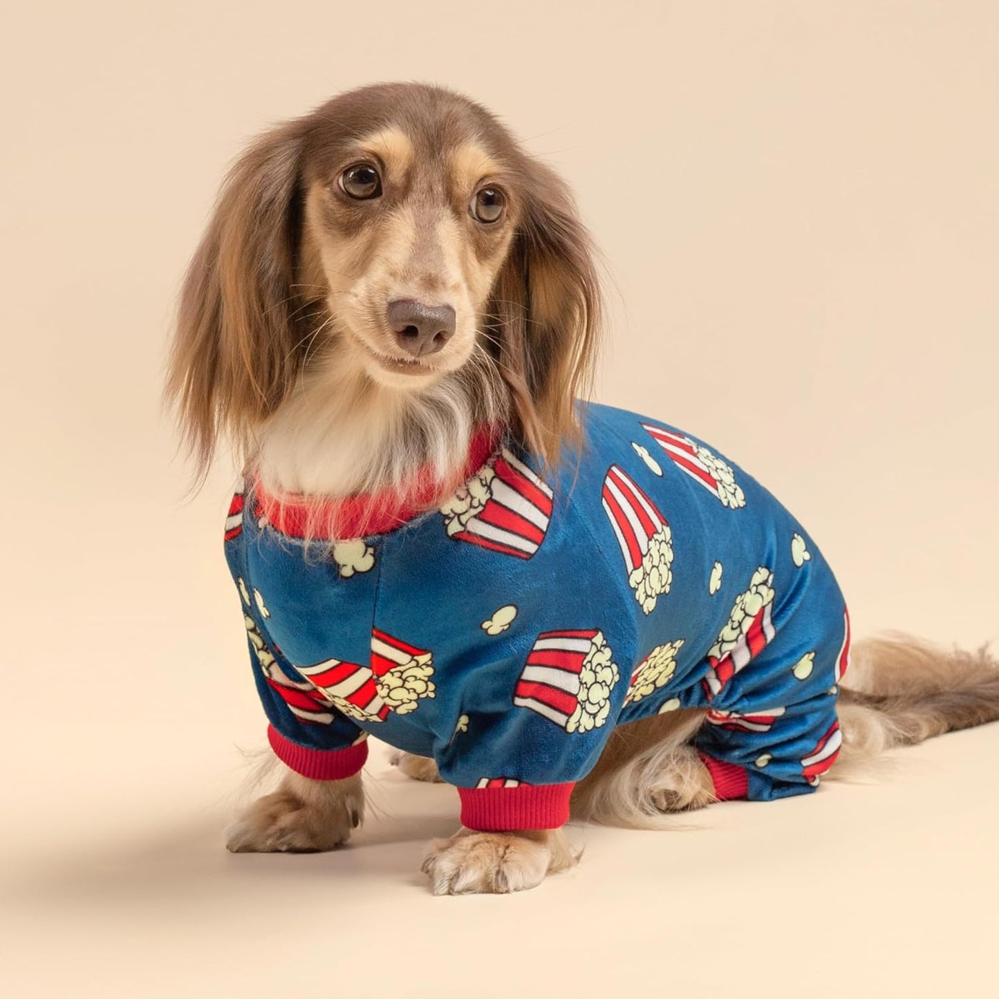 Fitwarm Popcorn Dog Pajamas, Funny Dog Clothes for Small Dogs Boy Girl, Fleece Pet Onesie with Feet, Blue, Red, White, Yellow, XL