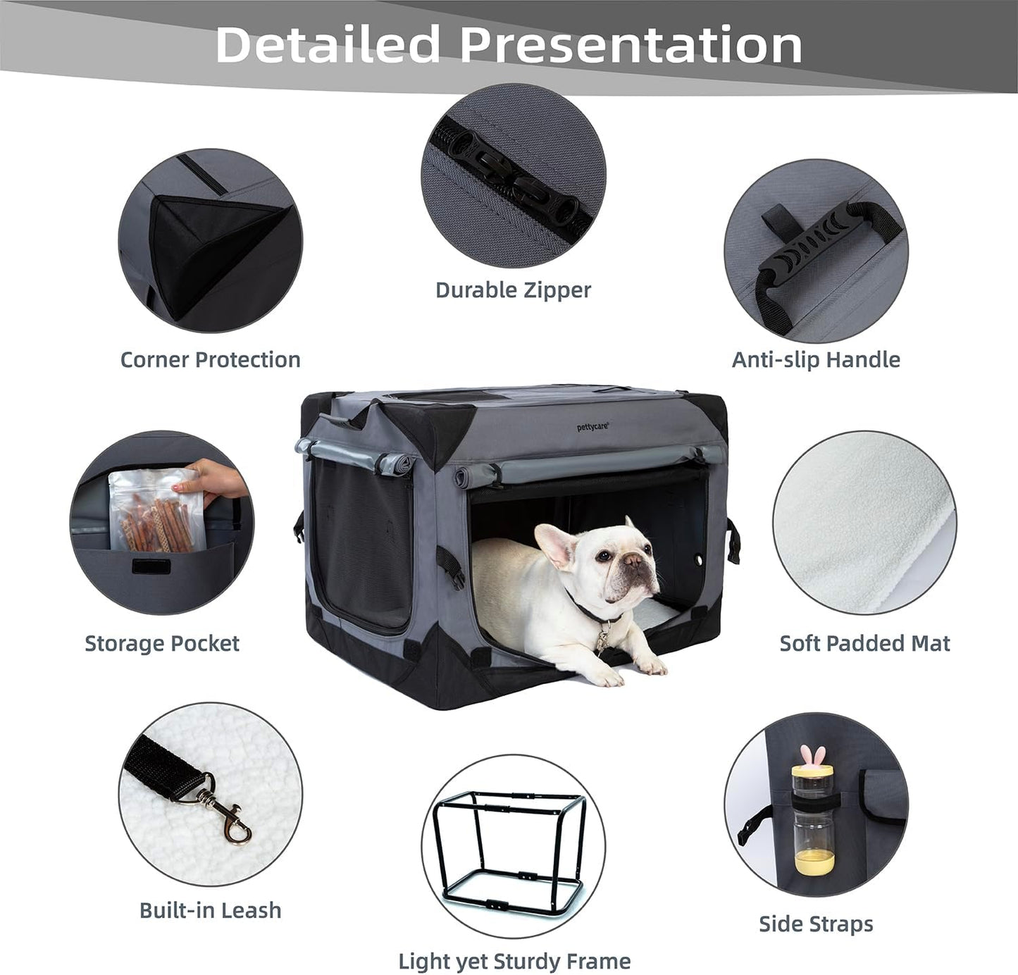 Pettycare 36 Inch Collapsible Dog Crate with Curtains Travel Dog Crate for Airflow and Calm Soft Pet Kennel with Portable Bag and More Chew Proof Mesh Indoor & Outdoor Grey 4 Door Curtains