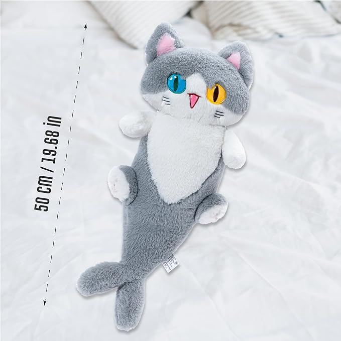 OOPSHANA Long Cat Plush Toy Cute Plushie Hugging Plush Pillow Shark Cat Stuffed Animal for Girls and Boys Grey 19.7"