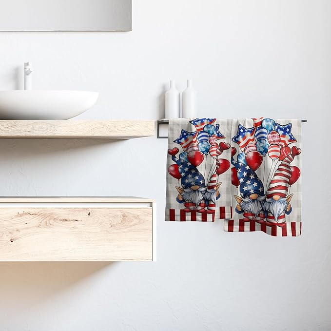 Patriotic Gnomes Hand Towels Set of 2 American Flag Kitchen Dish Towel Star Balloon Soft Microfiber Face Towel for Bathroom Home Decor