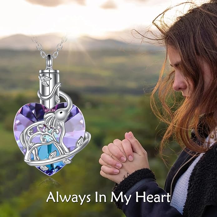 YFN Elephant Heart Crystal Urn Necklace for Ashes Cremation Jewelry Sterling Silver with Crystal Jewelry Gifts for Women