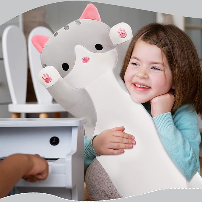 Long Cat Plush Pillow, 27.6in Cute Cat Plushie Stuffed Animals Body Pillow, Grey Kawaii Kitten Soft Plushie Doll Toy Birthday Gift for Kids Girlfriend