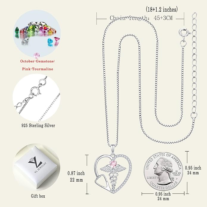 YL Caduceus Heart Necklace for Women Sterling Silver Doctor Nurse Themed Stethoscope Pendant Birthstone Angel Wings Snake Jewelry