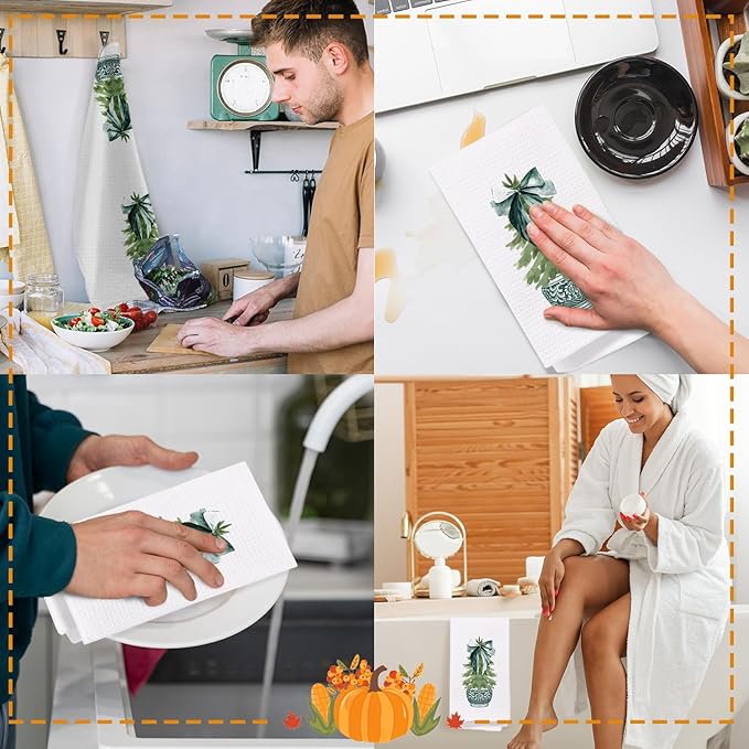 SPBL&L Chinoiserie Christmas Kitchen Towels, Dark Green Porcelain Chinoiserie Christmas Tree Hand Towels, Green Bow Christmas Dish Towels for Kitchen, Christmas Kitchen Bathroom Decor, 16x24 Inch