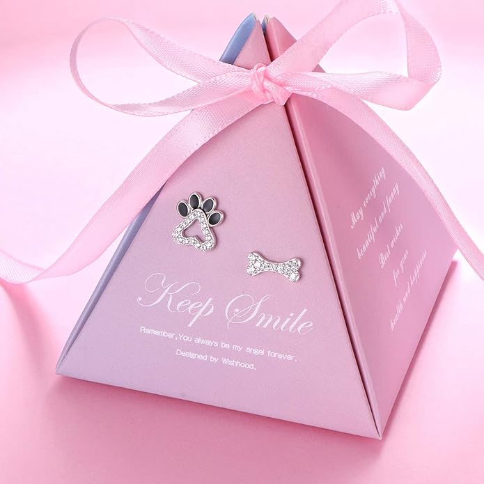 Paw Print Necklace Cat Puppy Paw Earrings Sterling Silver Hypoallergenic Dog Paw and Bone Friendship Cubic Zirconia Paw Set for Women Teen Girls