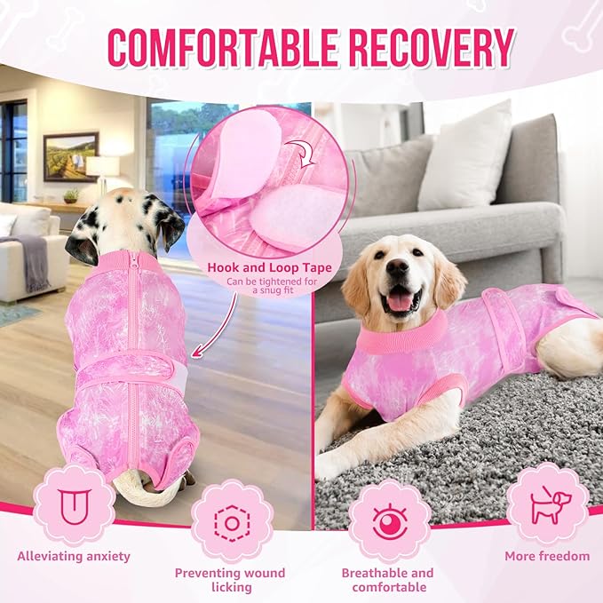 Lukovee Recovery Suit for Dogs, Zipper-On Onesie for Female Male Dog, Abdominal Wounds Cone E-Collar Alternative, Prevent Licking Spay (3XL, Pink Tie-dye)