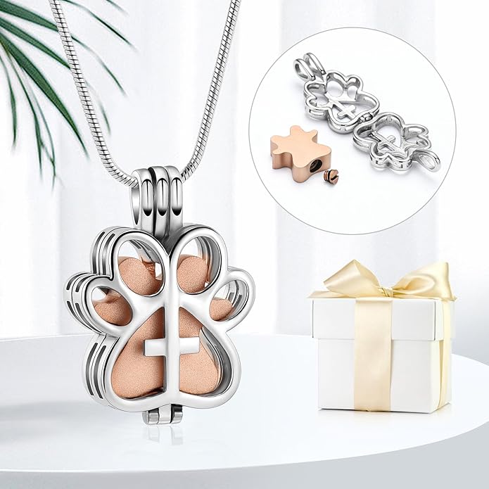 Pet Cremation Jewelry for Dog/Cat Paw Stainless Steel Memorial Locket Urn Necklace with Hollow Urn Cremation Jewelry for Ashes