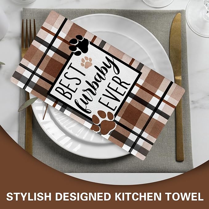 Dog Cat Paw Print Kitchen Dish Towels Set of 2, Best Furbaby Ever Drying Hand Towels Stay Pawsitive Baking Cooking Cloth, Plaid Farmhouse Home Kitchen Decoration Pet Lover Gifts 18 x 26 Inch