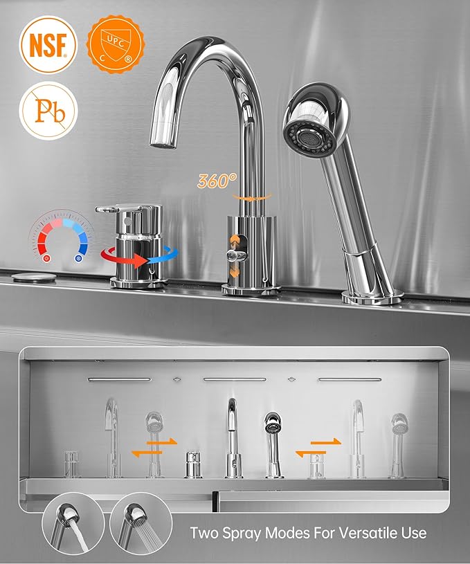 polimo Dog Washing Station with Dryer & LED, Professional Stainless Steel Grooming Tub, Dog Bathtub for Large, Medium & Small Dog, w/Window, Ramp, Drawer, Floor Grate &Fauct （Right RAMP & Dryer, 50"）