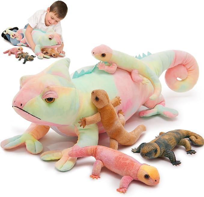 MorisMos 27" Giant Chameleon Stuffed Animal with 4 Baby Lizard Plush Toys for Kid Girl Boy,Realistic Rainbow Chameleon Plush Mama & Baby Lizard Stuffed Animals Gift for Birthday Decor,CE/CPC Certified