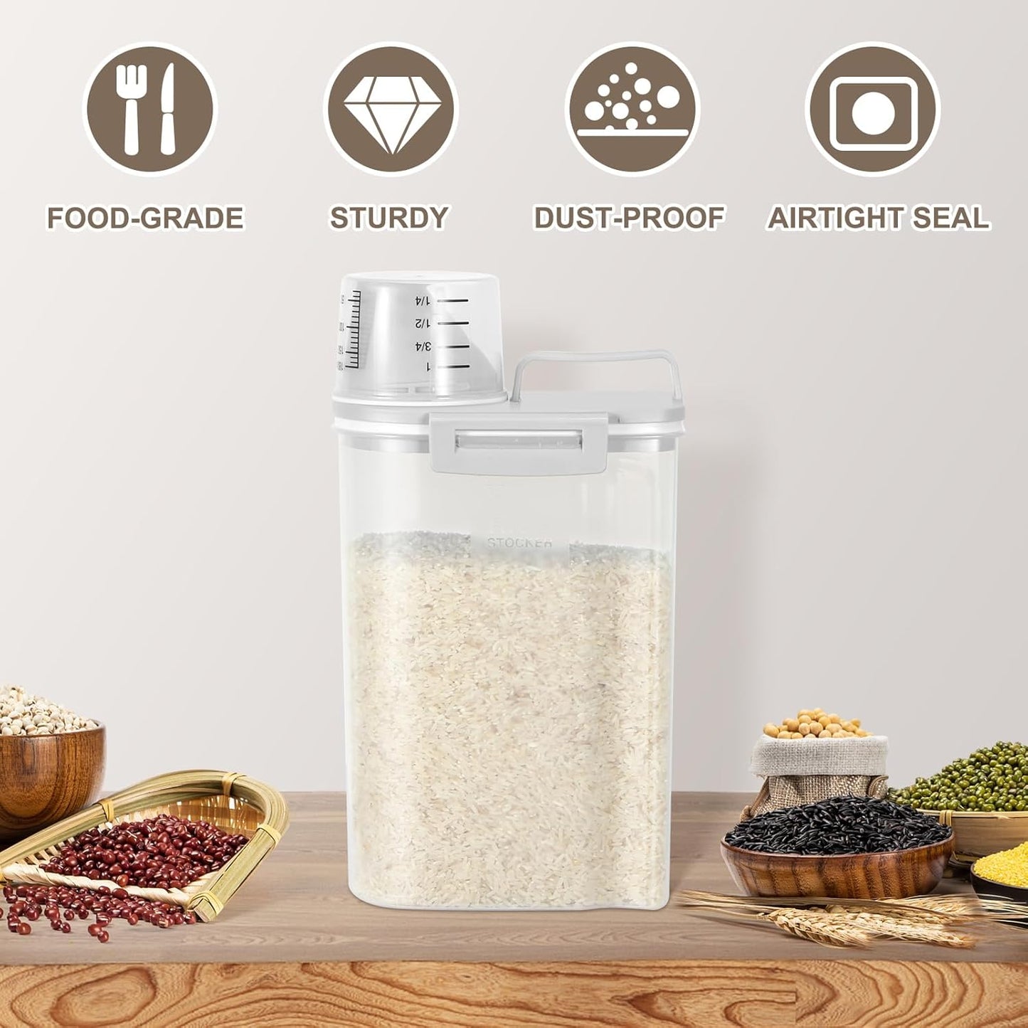 TBMax Rice Storage container 4 Lbs, Small Rice Dispenser with Measuring Cup, Grey Cereal Containers Flour Bin, Kitchen Food Storage Container and Pantry Organizers, Pet Dog Cat Food Dispenser