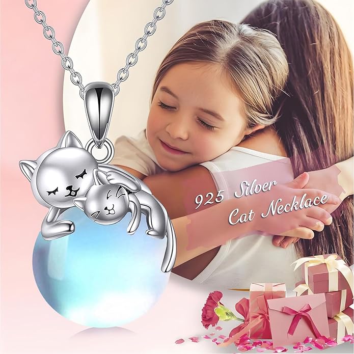 Cat Necklace Sterling Silver Cat Pendnat with Rose Quartz Pearl Jewelry Gifts for Women Cat Lovers