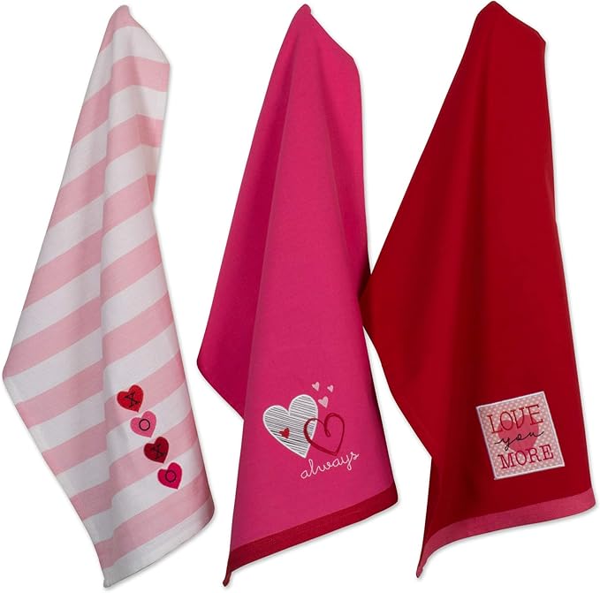 DII Valentine's Day Collection Kitchen, Dishtowel Set, 18x28, Embellished Hearts, 3 Piece