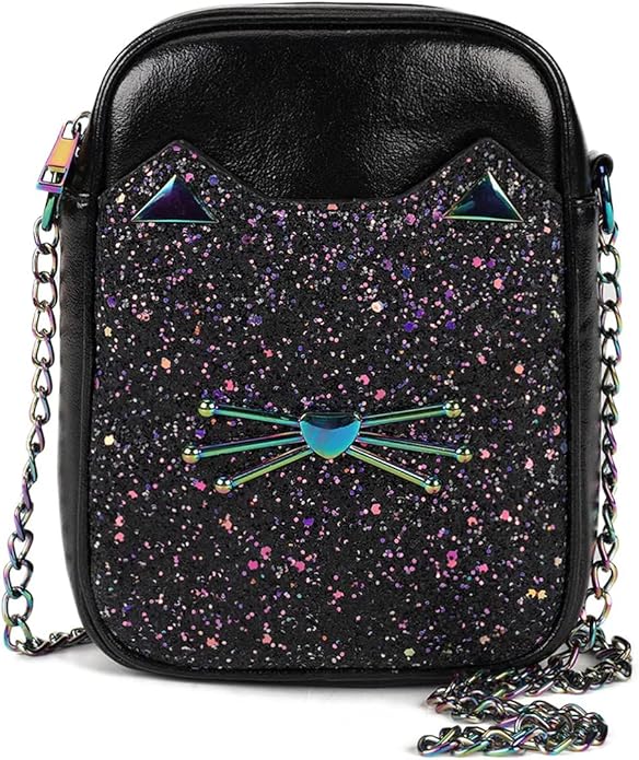 Cute Crossbody Purse for Teen Girls Sparkly Cat Purse and Small Crossbody Bags for Women Gift with Chain Strap