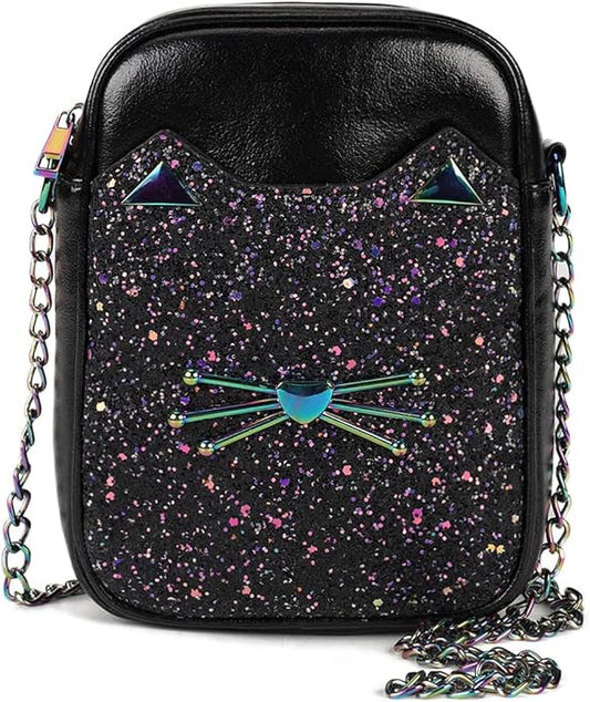 Cute Crossbody Purse for Teen Girls Sparkly Cat Purse and Small Crossbody Bags for Women Gift with Chain Strap