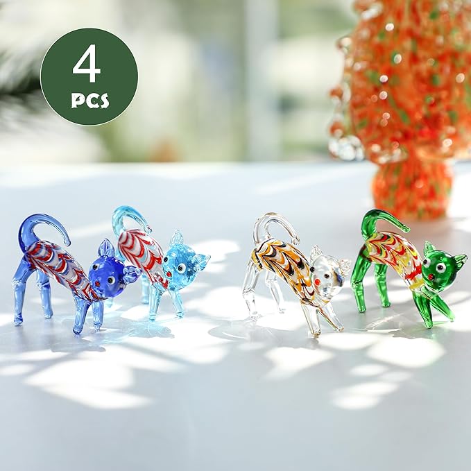 HDCRYSTALGIFTS 4PCS Hand Blown Glass Cat Figurines Collectible, Art Glass Cat Miniature Animal Statue Kitten Sculpture for Home Decor Gift