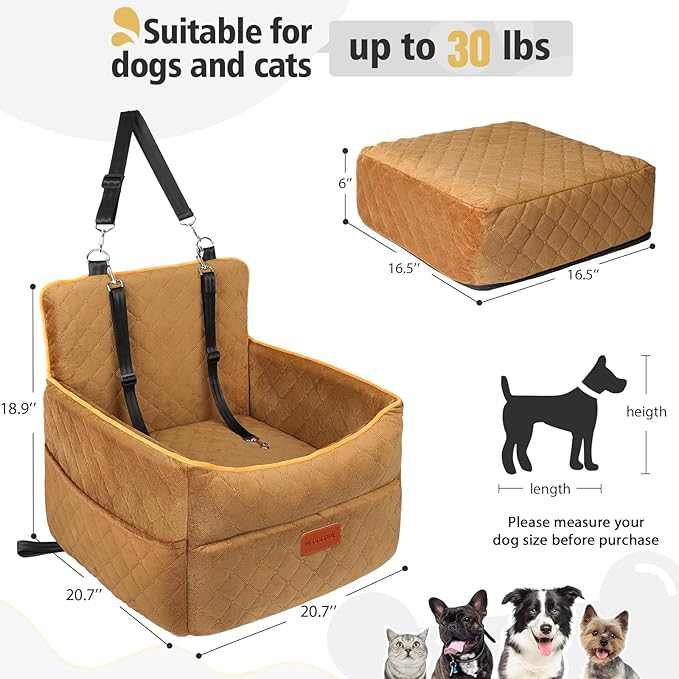 Dog Car Seat for Small Medium Dogs, Memory Foam Dog Booster Seats with Thick Cushion for Dogs Under 35lbs, Detachable Washable Pet Car Seat Travel Bed with Storage Pockets,2 Safety Belt
