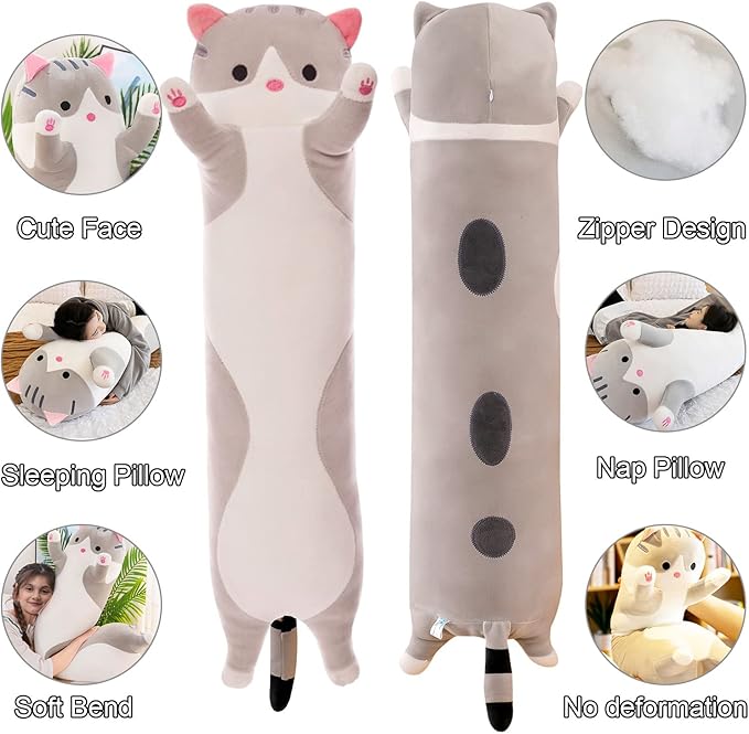 Giant Cat Pillow Plush Cartoon Kitty Sleeping Hugging Pillow, Cuddly Soft Long Kitten Body Pillow Doll Cat Cushion Toy for Kids Girlfriend (Gray, 70cm/27.55inch)