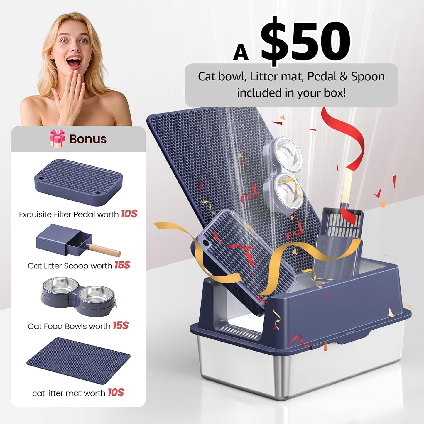 Stainless Steel Cat Litter Box - Enclosed XL Metal Kitty Litter Box with Lid for Big Cats, High Sided, Anti-Leakage, Easy Cleaning, Non-Sticky, Included Litter Mat, Cat Bowl & Spoon