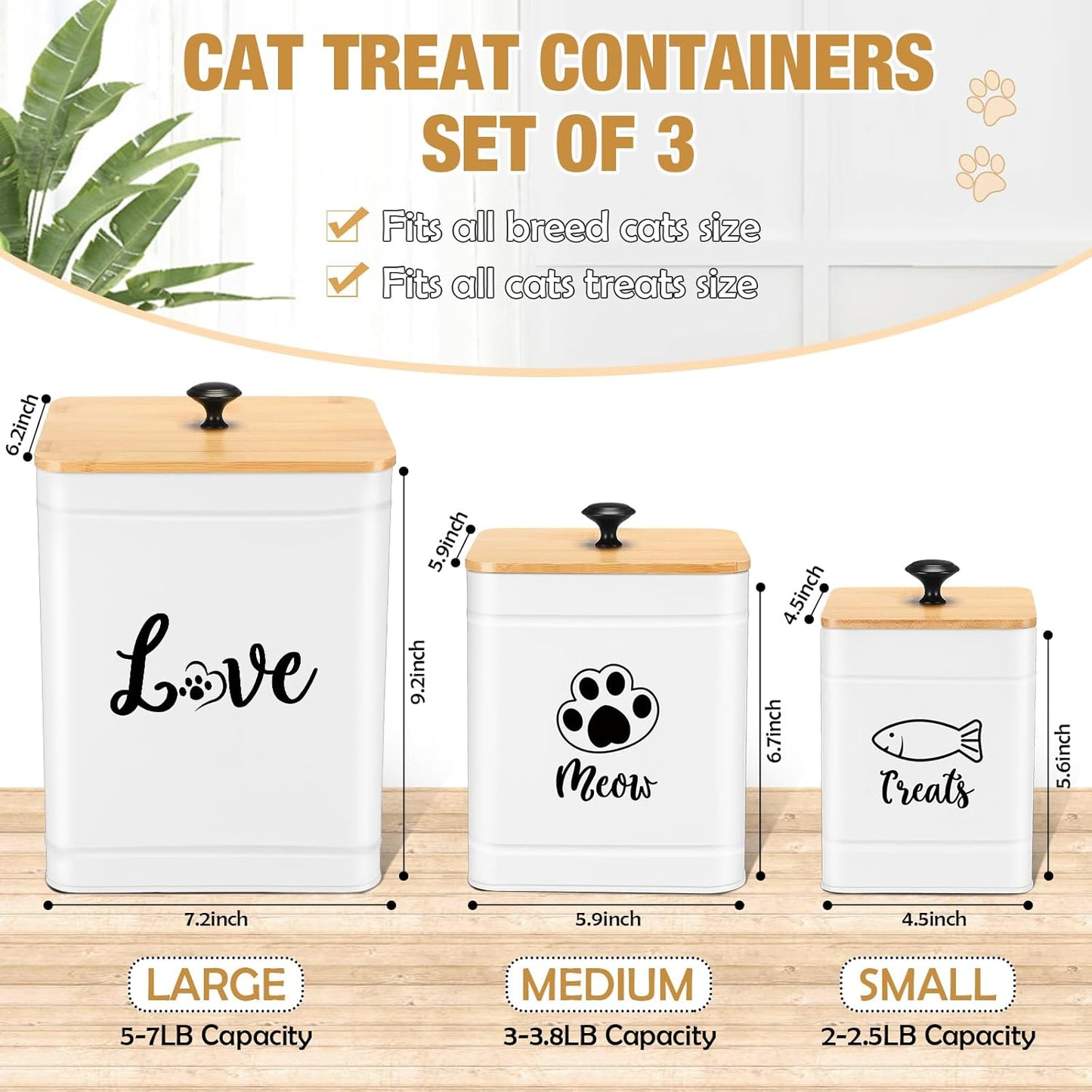 Metal Airtight Cat Food Containers Set of 3 with Bamboo Lids and Spoon 7+3+2 Lbs Cat Treat Storage Container Countertop with DIY Labels Pet Cookie Organizer Jars for Kitchen Counter(White)