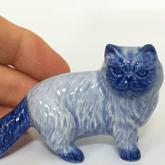 Ceramic Persian cat Figurine Dollhouse Delft Blue White Collectible Miniature Bonsai Garden Handmade Painted Gift no 3
