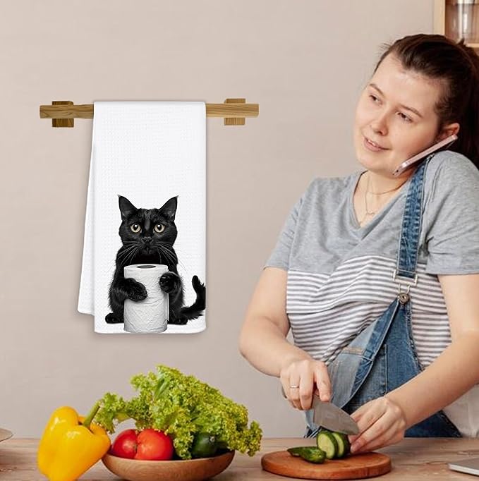 Funny Black Cat Hand Towels for Bathroom Washroom, Cat Bathroom Decor, Cats Lover Mom Lady Gifts for Women, Cute Black Kitten Bathrooms Hand Towels, 16x24 Inch