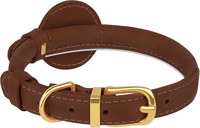 OOPSDOGGY Rolled Leather Dog Collar with Airtag Holder - Reflective Round Airtag Dog Collar - Soft Tracking Pet Collar for Small Dogs Puppy Cats Kitten (Brown, XXS, 7"-9")