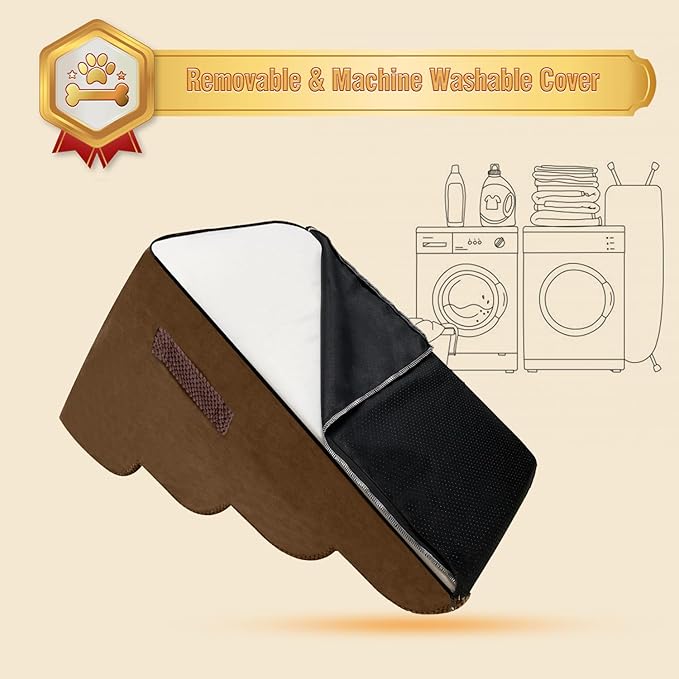 PAWSCART Dog Stairs for Small Dogs and Cats, 4-Step Dog Steps for Bed, 19.6" H Pet Stairs for High Bed, Pet Ramp for Couch, Sofa, Non-Slip Surface Removable Washable Cover, Brown