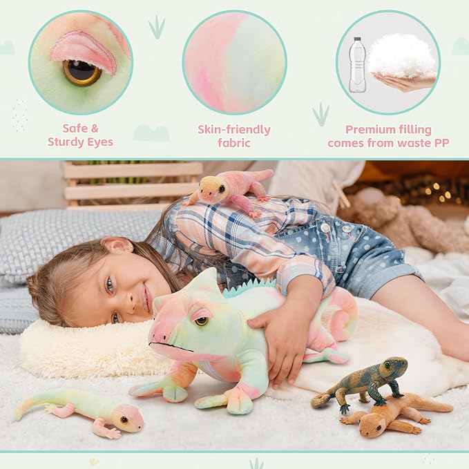 MorisMos 27" Giant Chameleon Stuffed Animal with 4 Baby Lizard Plush Toys for Kid Girl Boy,Realistic Rainbow Chameleon Plush Mama & Baby Lizard Stuffed Animals Gift for Birthday Decor,CE/CPC Certified