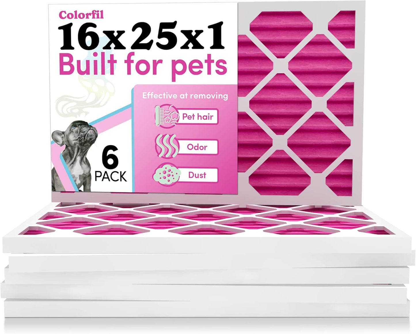 Colorfil 16x25x1 Air Filter (6-Pack) | Made in the USA | Color Changing | Remove Cat and Dog Odor | MERV 8 for Pet Hair Dander and Dust | 15.5"x24.5"x0.75" Exact Size