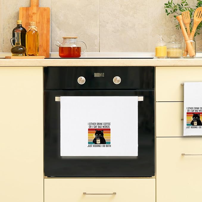 Funny Kitchen Towels for Women, I Either Drink Coffee or I Say Bad Words Dishcloths, Coffee Lovers Gifts, Black Cat Hand Towels with Sarcastic Saying, Kitchen Decor Gifts for Hostess Chef