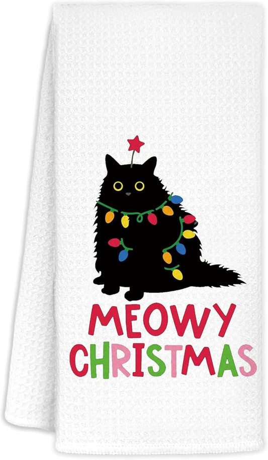 Cat Meowy Christmas Towels for Cat Lovers, Cat Christmas Decor for Bathroom Kitchen, Black Cat Gifts for Women Cat Lovers Girls Men Kids, Cat Christmas Bathroom Decor, 16x24 in