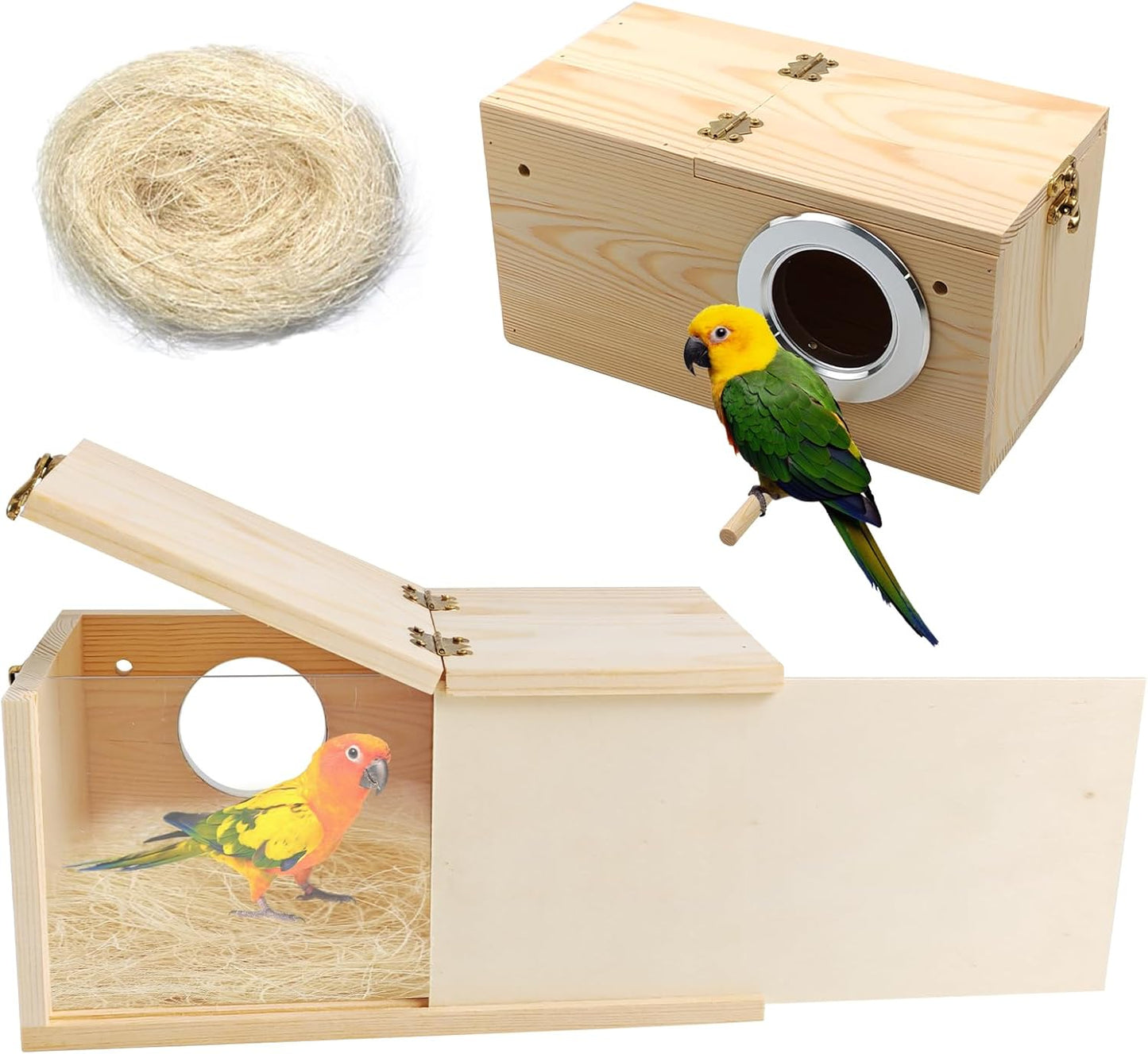 PINVNBY Nesting Box for Birds,Wooden Parakeet Nest Box with Detachable Board Transparent Visual Cockatiel House for Budgie Lovebird Conure Parrot (XL)
