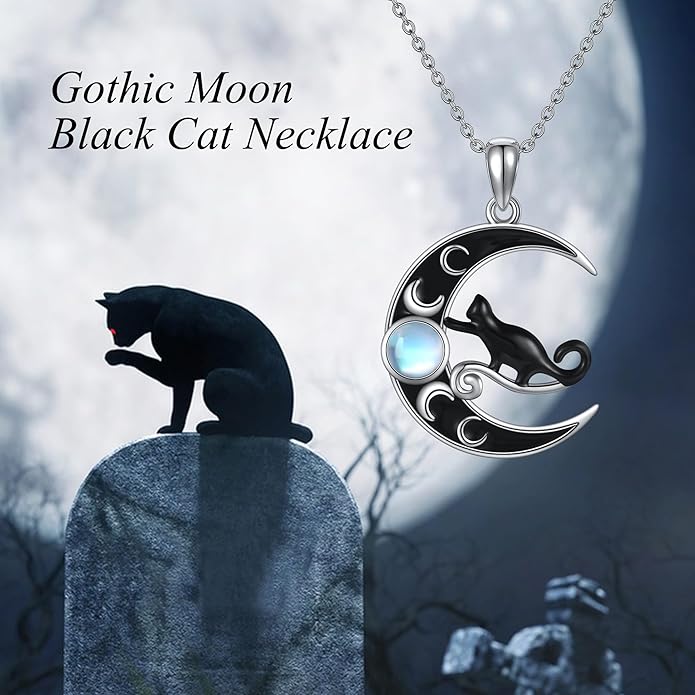 MONGAS Cat Necklace Sterling Silver Black Cat Pendant Necklace Black Cat Jewelry for Women