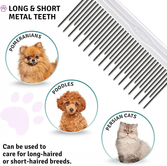Poodle Pet Detangling Pet Comb with Long & Short Stainless Steel Teeth for Removing Matted Fur, Knots & Tangles – Detangler Tool Accessories for Safe & Gentle DIY Dog & Cat Grooming
