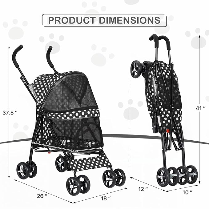 MoNiBloom 4 Wheels Pet Stroller, Easy-Fold Umbrella Shaped Dog Cat Jogger Stroller w/Storage Bag & Visible Mesh for Small/Medium Dogs Cats Black Polka Dots