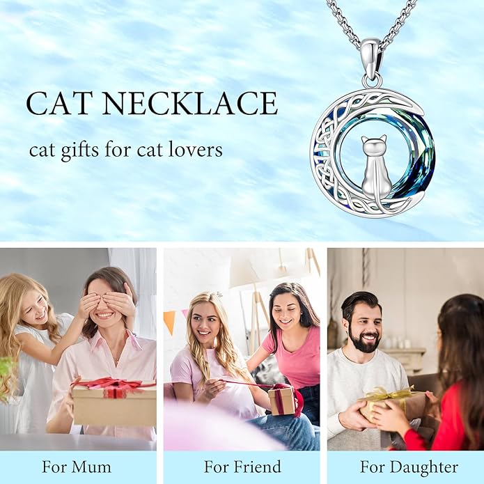Odinstone Cat Necklace, S925 Sterling Silver Cat on Moon Pendant with Cubic Zirconia, Cat Jewelry Mothers Day Gifts for Mum with Gift Package - I Love You Forever