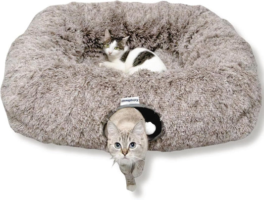 XxingSheep XL Cat Tunnel with Bed for Indoor Cats Peekaboo Cat Cave Donut Toy with Warm Mat,Yellow-Brown