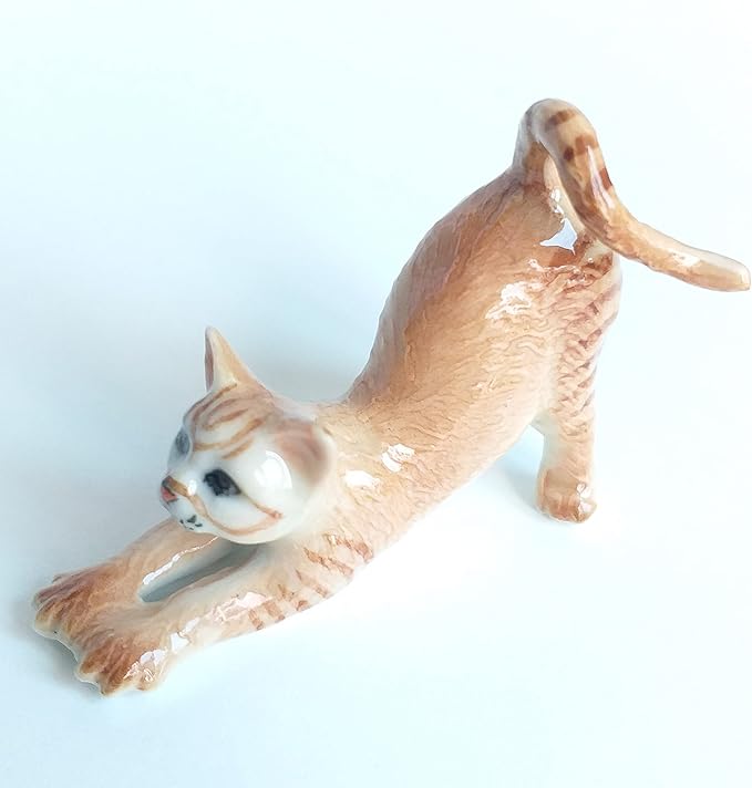 Ceramic Cat Figurine Porcelain Kitten Stretching Post Adorable Pet Kitty Collectible Miniature Hand Painted Animal Gift Decor Calico Brown Tabby